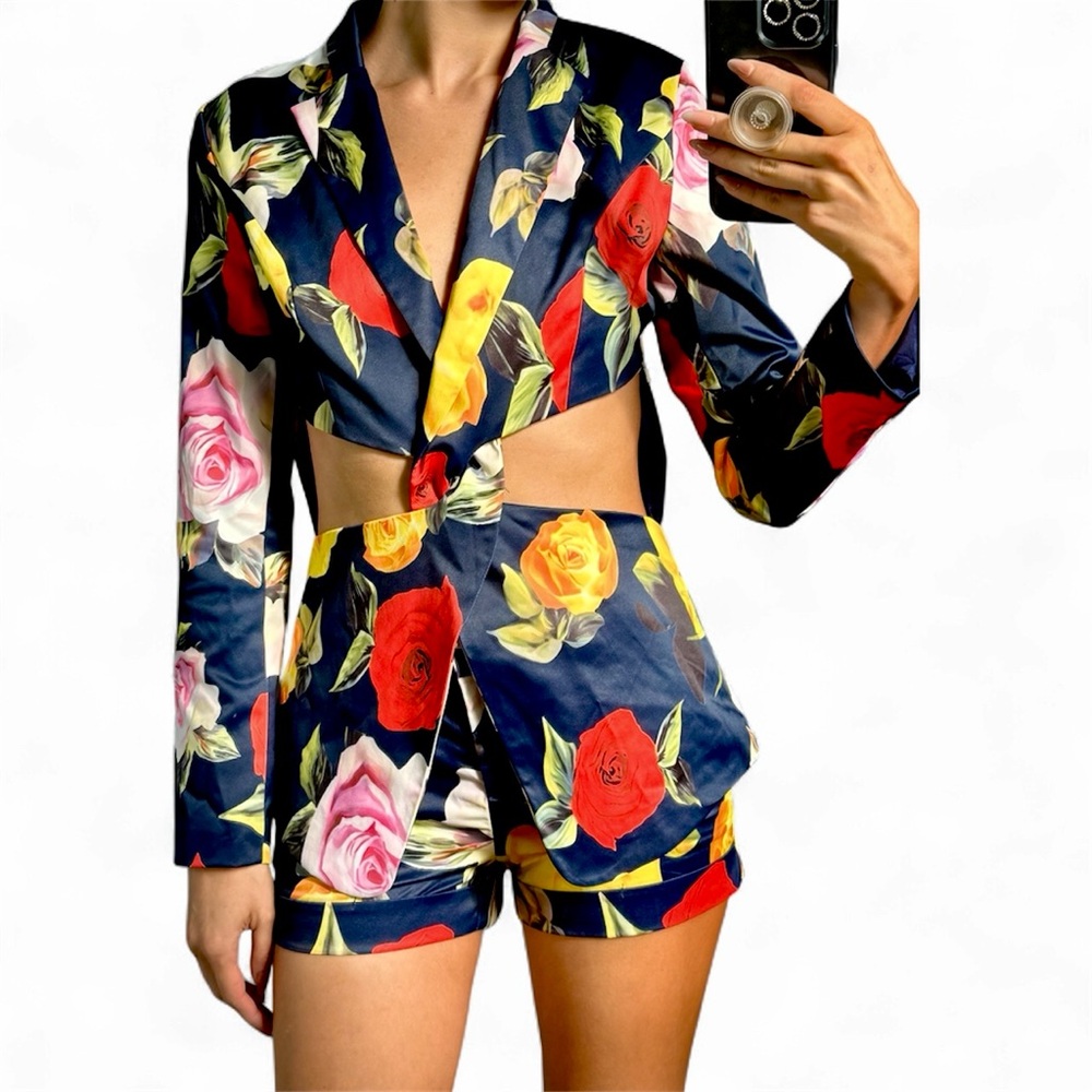 Bold Floral Cutout Blazer & Short Set
